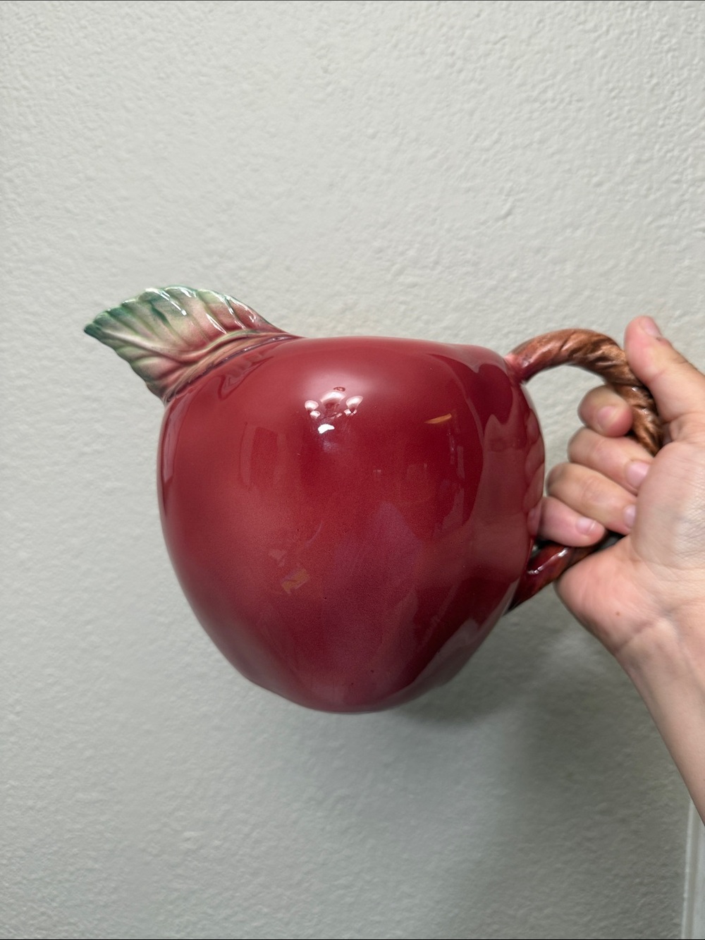 70’s Vintage Ceramic Red Apple Pitcher with Leaf Handle